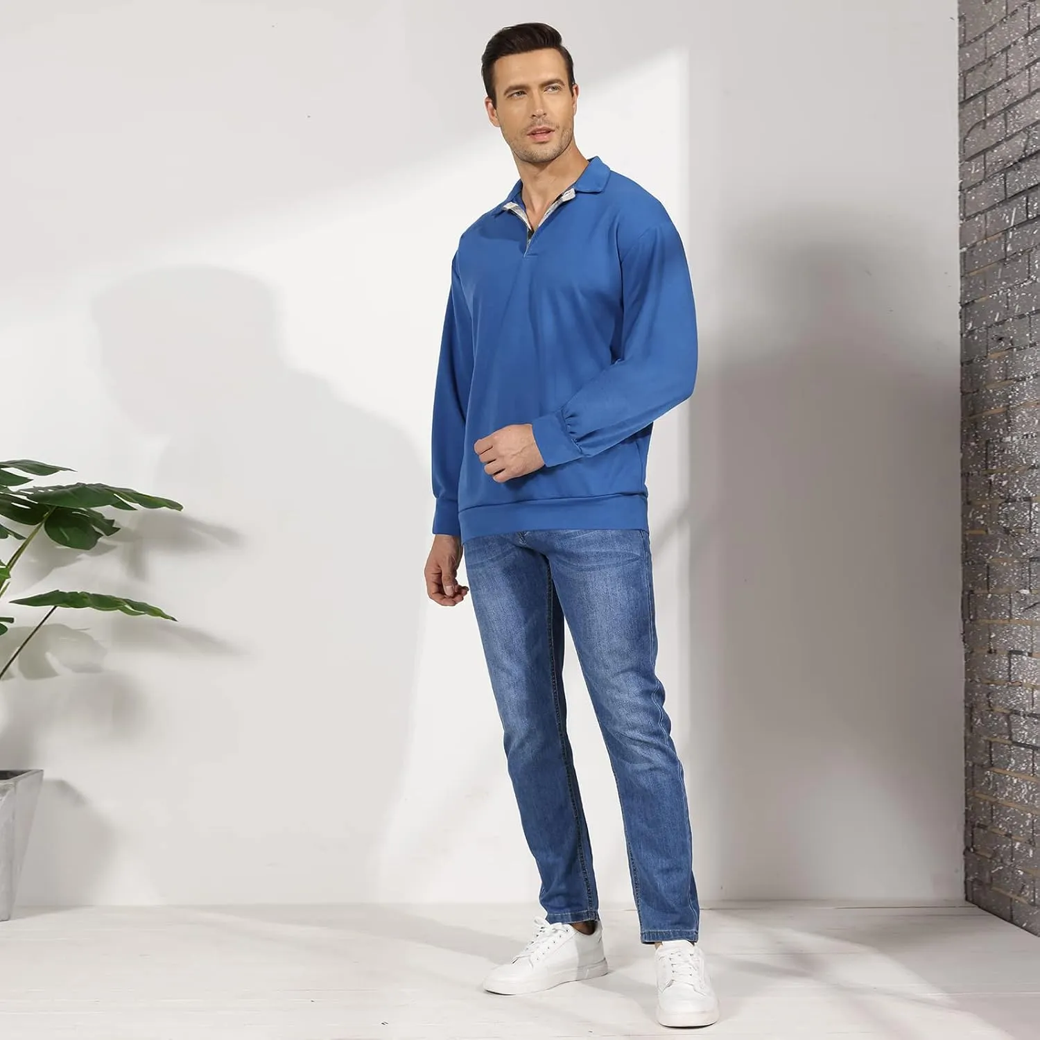 Opomelo Men's Long Sleeve Pullover Polo Shirts-Casual Loose Fit Sweatshirts V Neck Tops