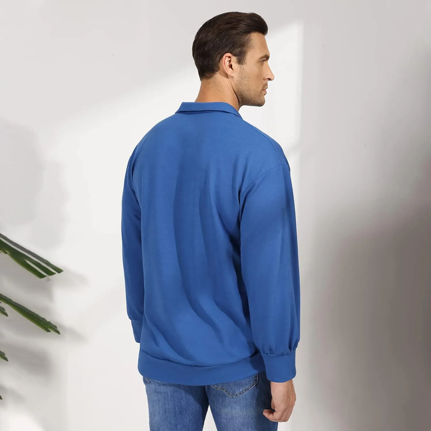 Opomelo Men's Long Sleeve Pullover Polo Shirts-Casual Loose Fit Sweatshirts V Neck Tops