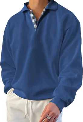 Opomelo Men's Long Sleeve Pullover Polo Shirts-Casual Loose Fit Sweatshirts V Neck Tops