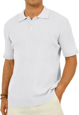 Percle Men's Knit Polo Shirts Casual Golf Polo Short Sleeve Textured V-Neck Summer Vintage Shirts