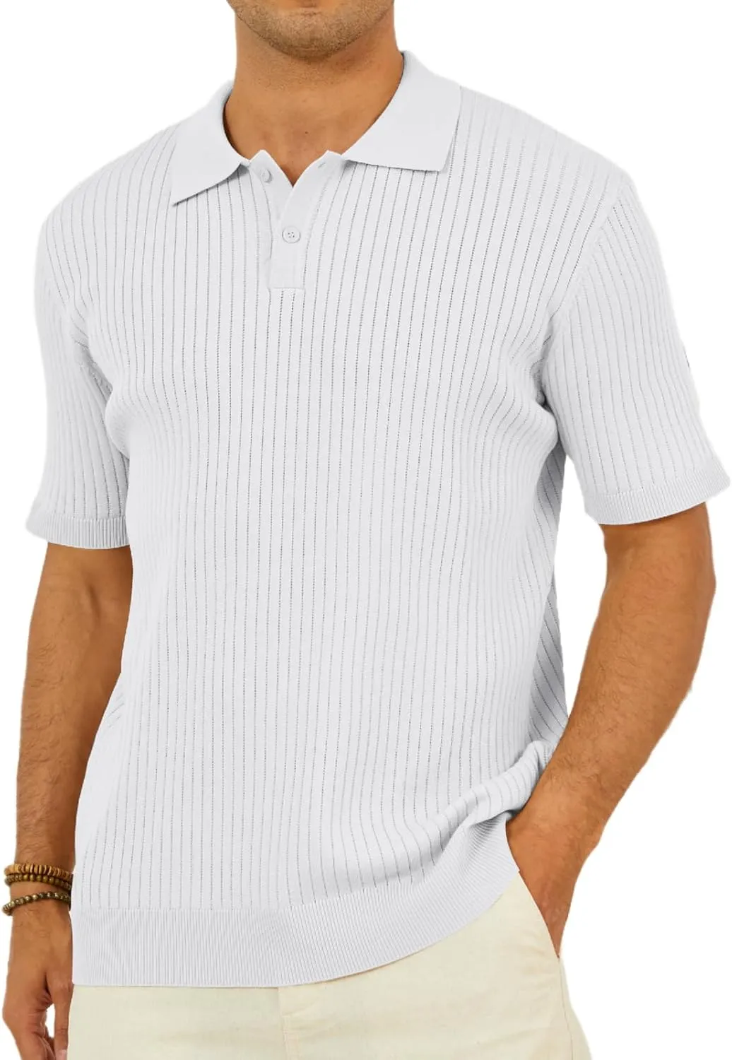 Percle Men's Knit Polo Shirts Casual Golf Polo Short Sleeve Textured V-Neck Summer Vintage Shirts