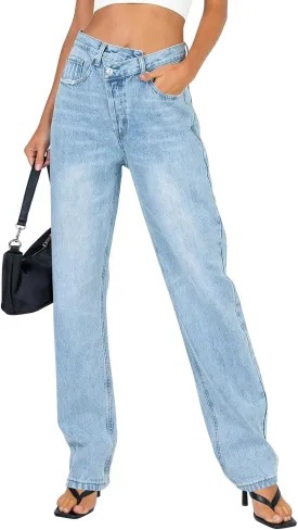 PLNOTME Women's Low Waisted Jeans Trendy Straight Leg Boyfriend Crossover Casual Denim Pants
