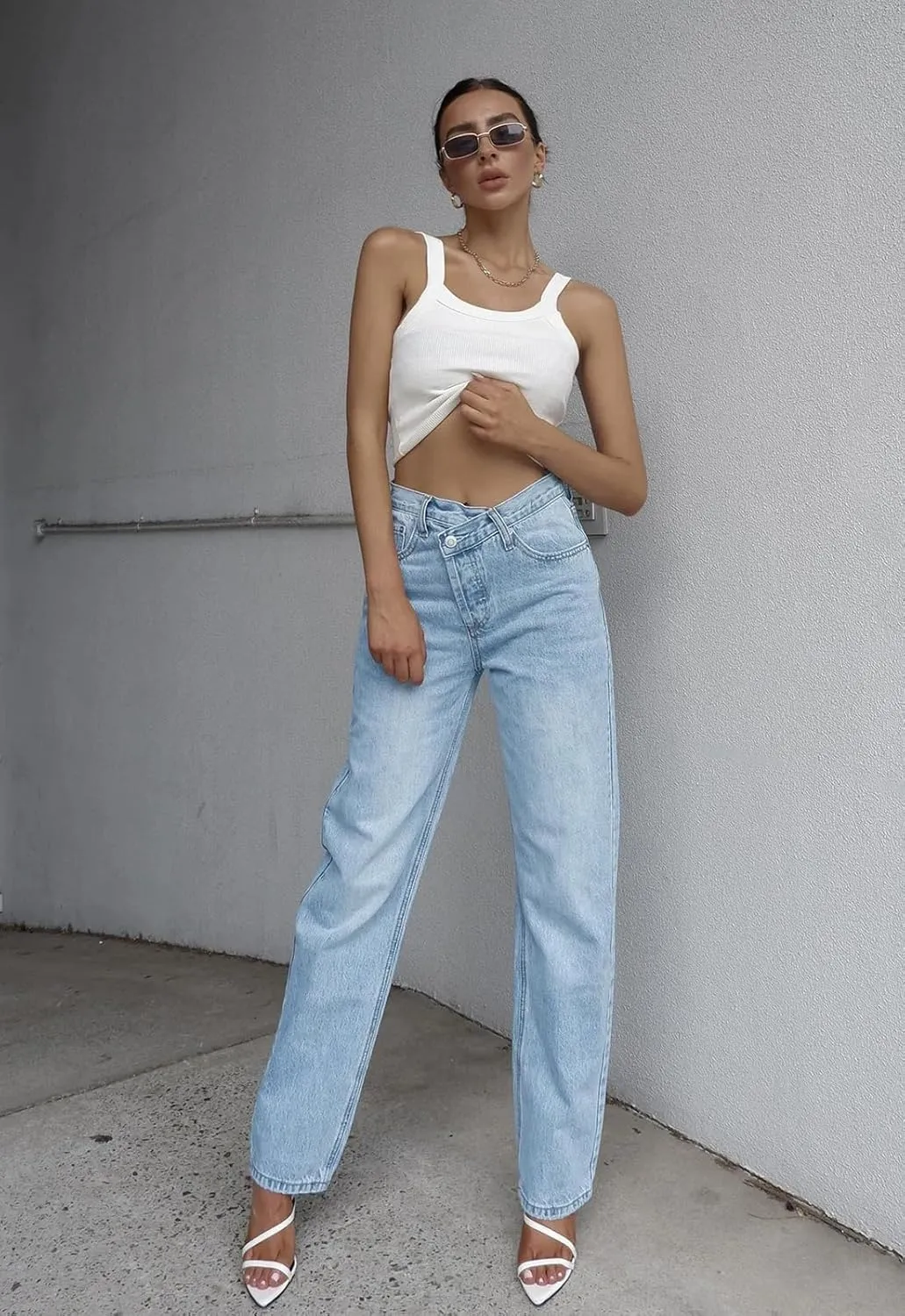 PLNOTME Women's Low Waisted Jeans Trendy Straight Leg Boyfriend Crossover Casual Denim Pants