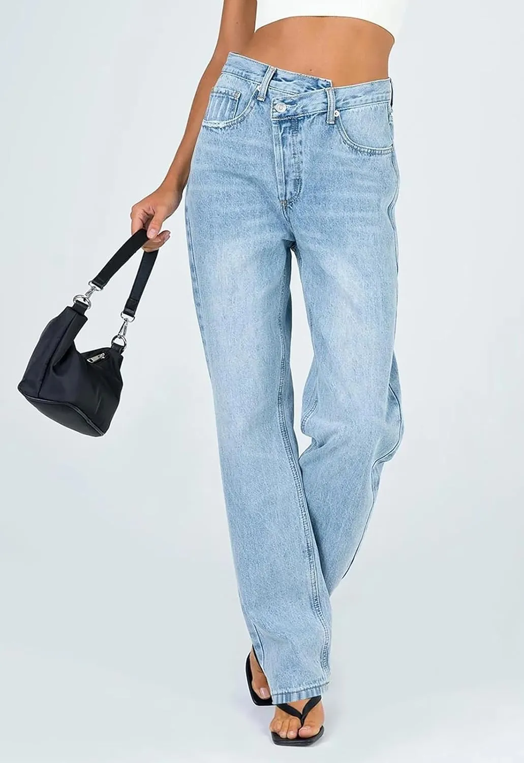 PLNOTME Women's Low Waisted Jeans Trendy Straight Leg Boyfriend Crossover Casual Denim Pants