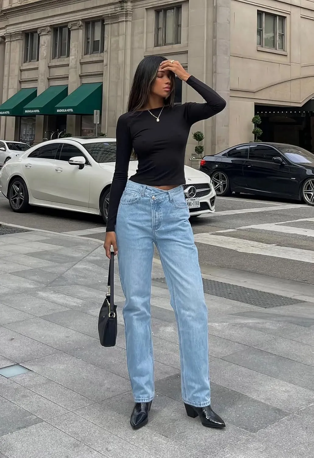 PLNOTME Women's Low Waisted Jeans Trendy Straight Leg Boyfriend Crossover Casual Denim Pants