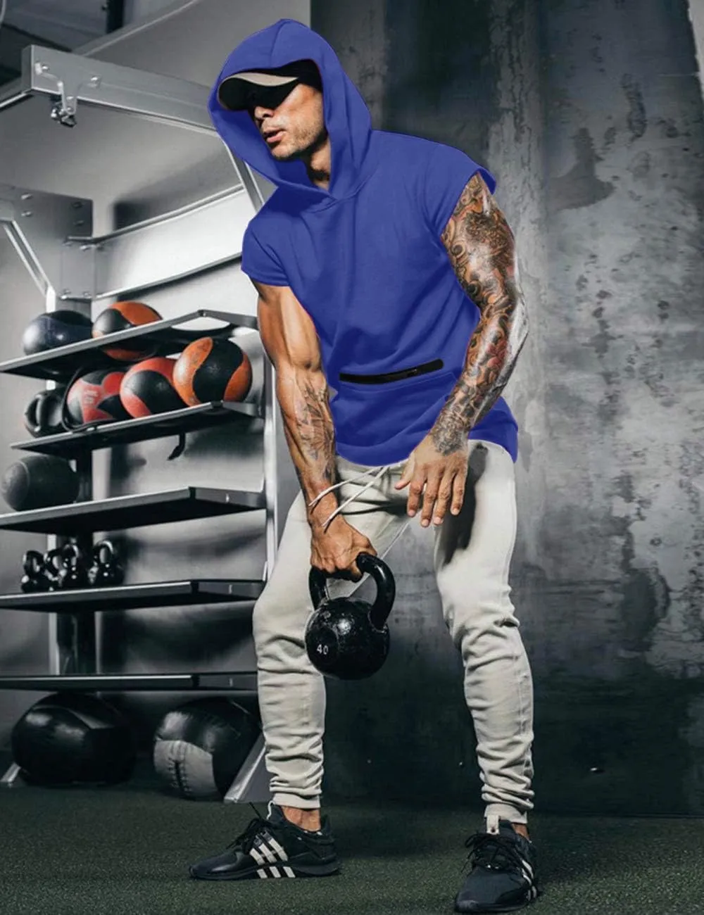 Poriff Mens Workout Tank Tops with Hood Sleeveless Gym t-Shirt Muscles Tees Athletic Pockets