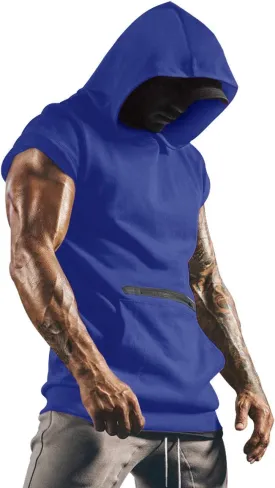 Poriff Mens Workout Tank Tops with Hood Sleeveless Gym t-Shirt Muscles Tees Athletic Pockets