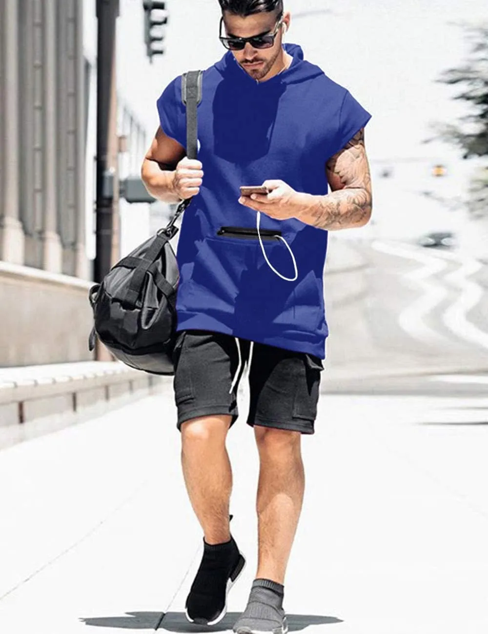 Poriff Mens Workout Tank Tops with Hood Sleeveless Gym t-Shirt Muscles Tees Athletic Pockets