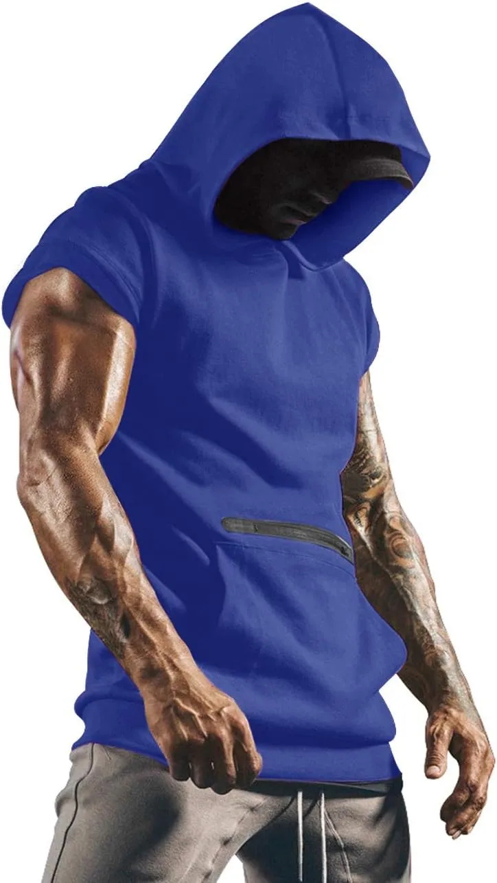 Poriff Mens Workout Tank Tops with Hood Sleeveless Gym t-Shirt Muscles Tees Athletic Pockets