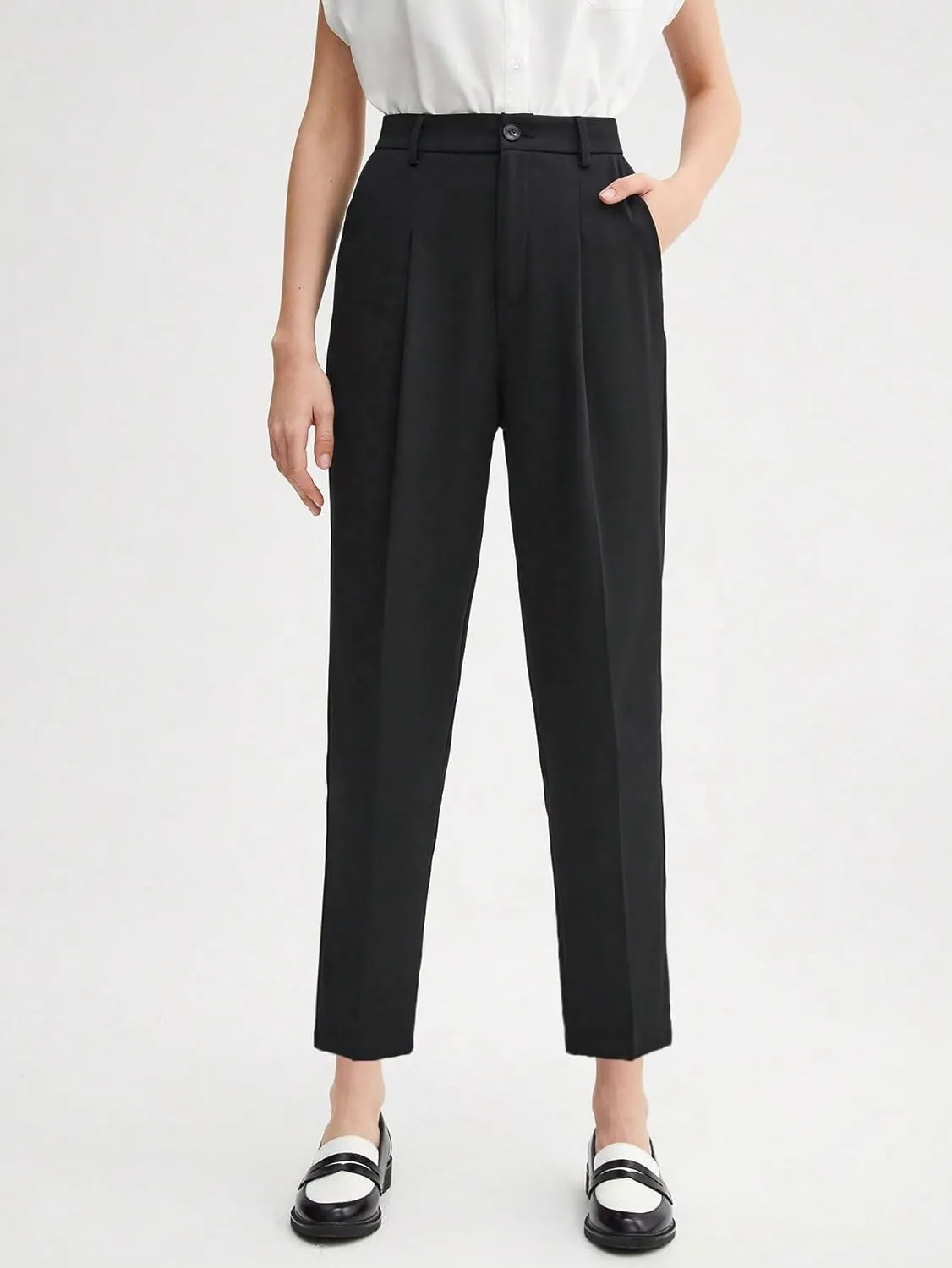 SweatyRocks Women's Casual High Waist Loose Straight Leg Cropped Work Pants Trousers with Pocket