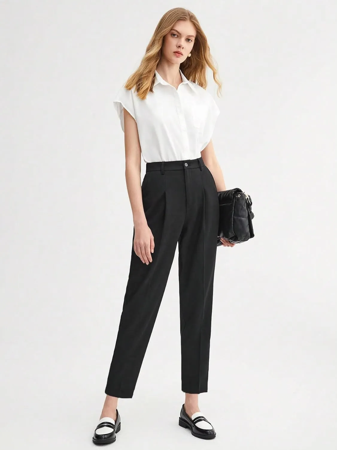 SweatyRocks Women's Casual High Waist Loose Straight Leg Cropped Work Pants Trousers with Pocket