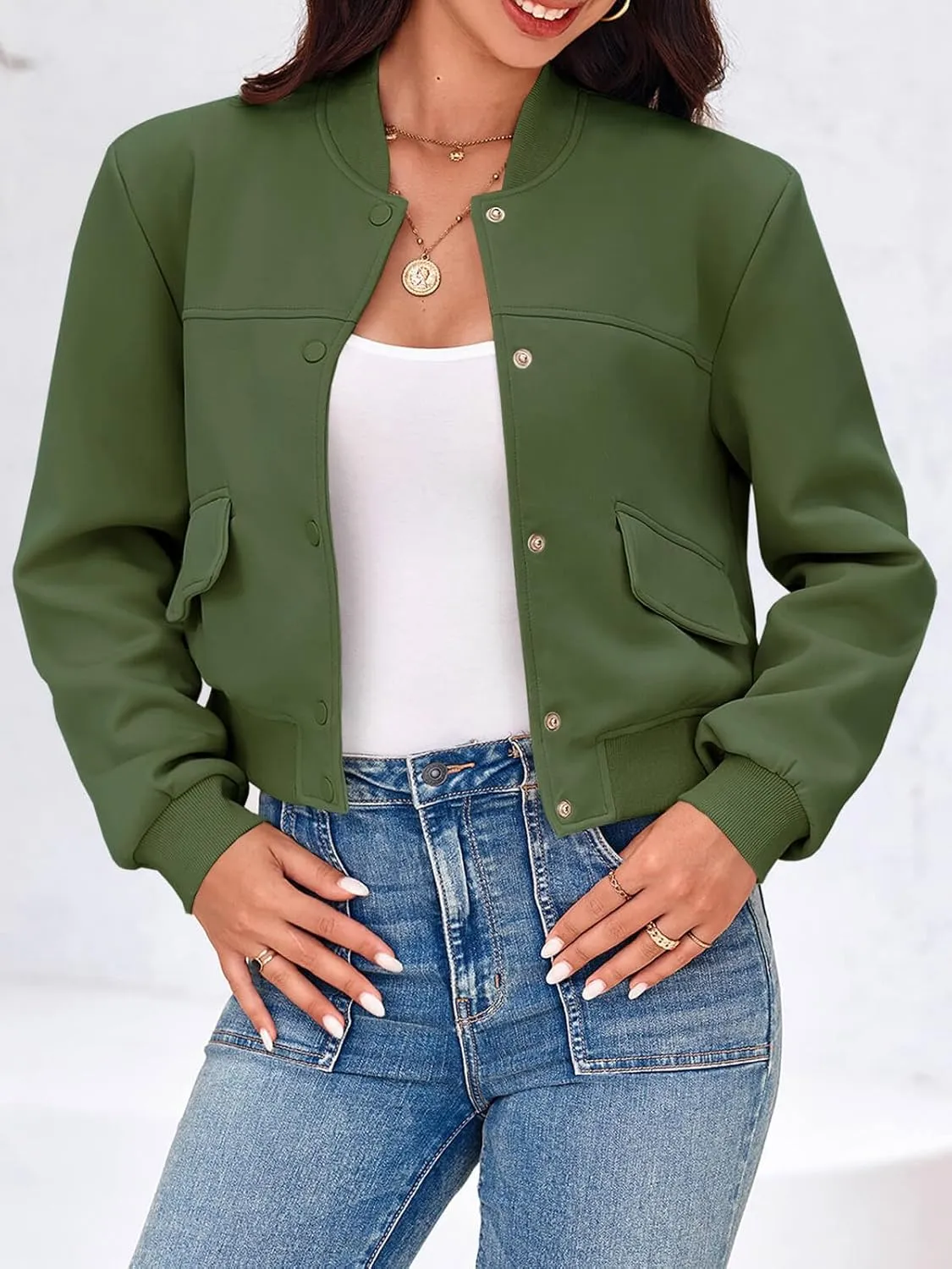 Tankaneo Womens Cropped Bomber Jackets Casual Button Down Long Sleeve Stand Collar Varsity Shacket Coats