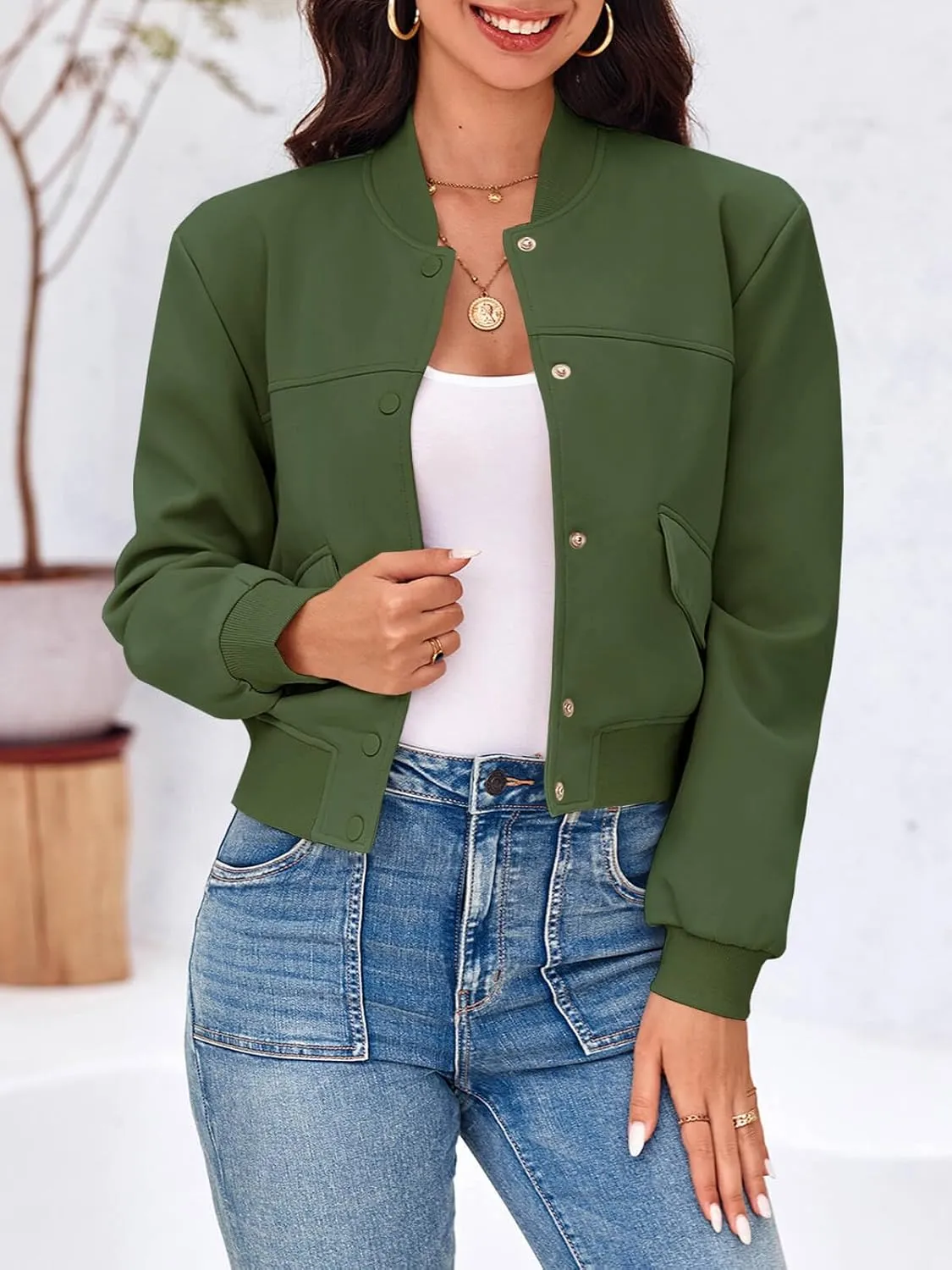 Tankaneo Womens Cropped Bomber Jackets Casual Button Down Long Sleeve Stand Collar Varsity Shacket Coats
