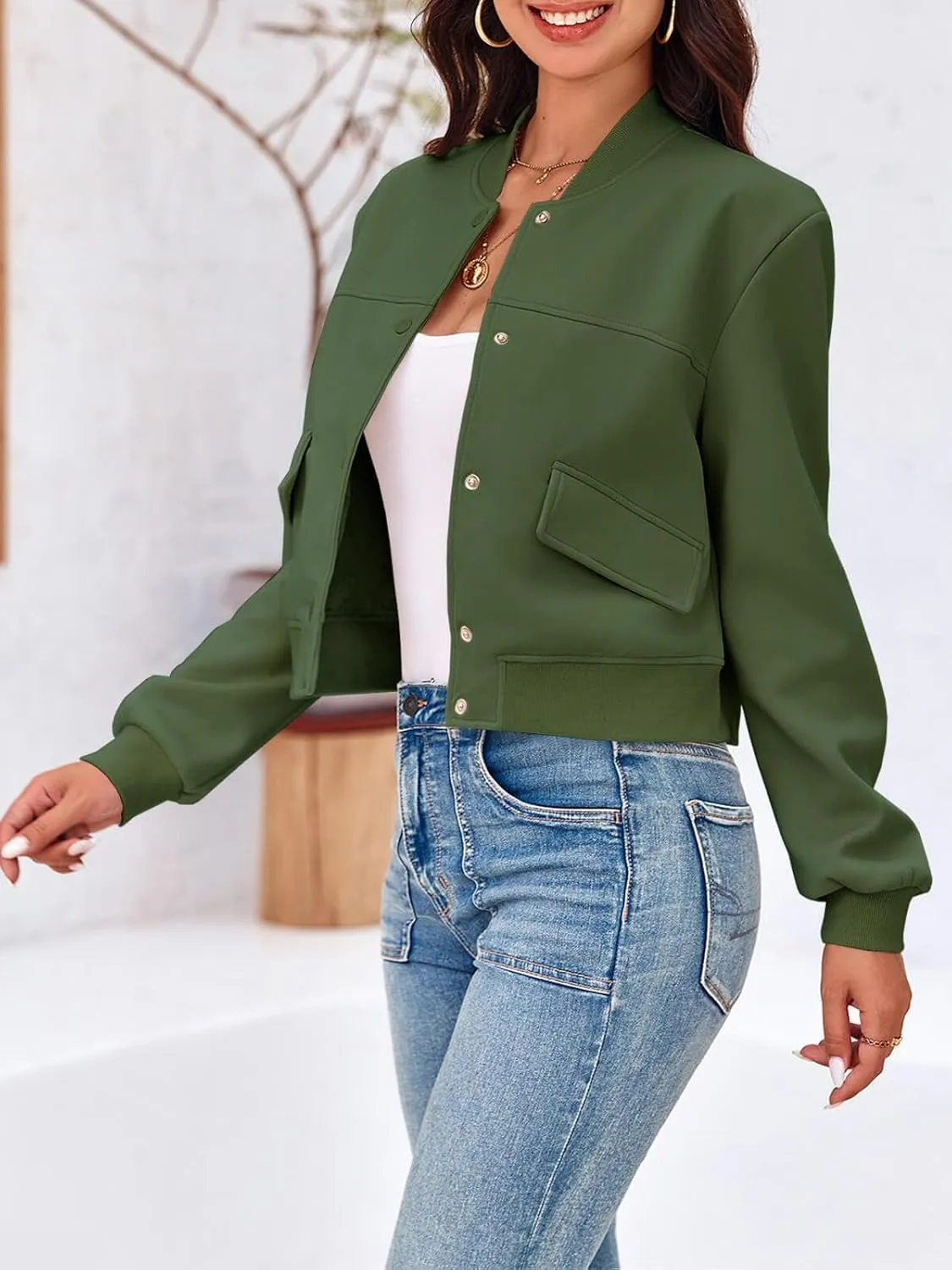 Tankaneo Womens Cropped Bomber Jackets Casual Button Down Long Sleeve Stand Collar Varsity Shacket Coats