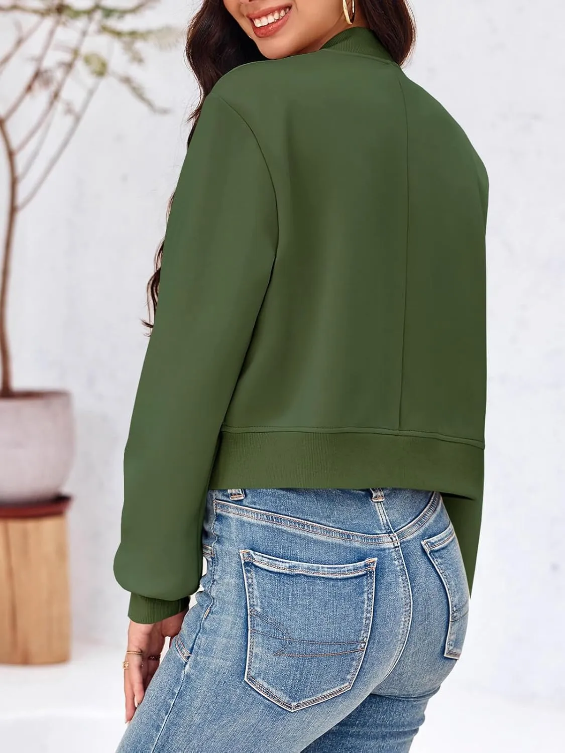 Tankaneo Womens Cropped Bomber Jackets Casual Button Down Long Sleeve Stand Collar Varsity Shacket Coats