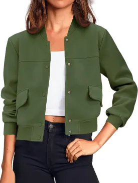 Tankaneo Womens Cropped Bomber Jackets Casual Button Down Long Sleeve Stand Collar Varsity Shacket Coats