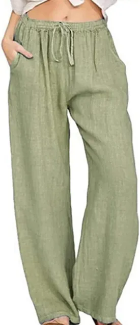 utcoco Women's Cotton Linen Drawstring High Waisted Pants Casual Loose Fit Wide Leg Trousers