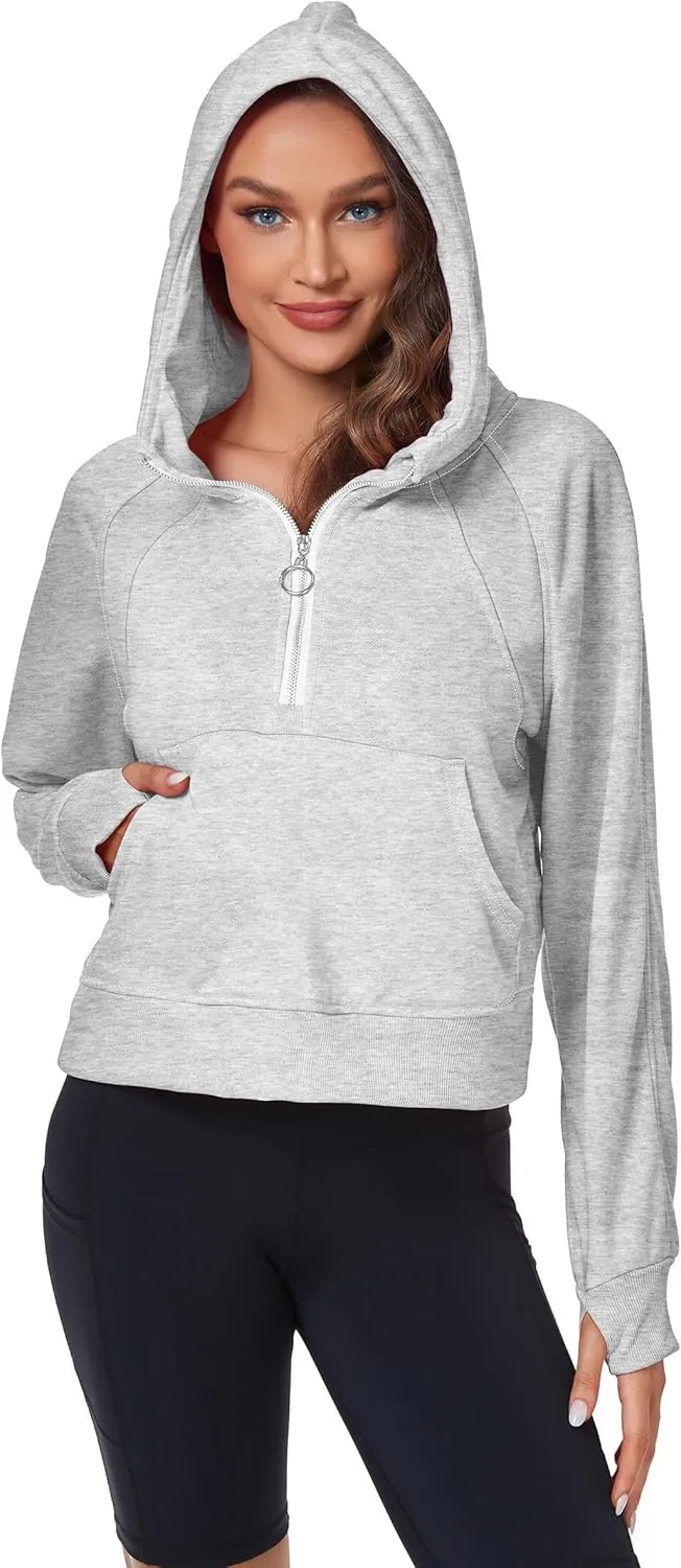 Womens Half Zip Hoodies Quarter Zipper Up Cropped Sweatshirt Long Sleeve Athletic Pullover Tops with Thumb Hole