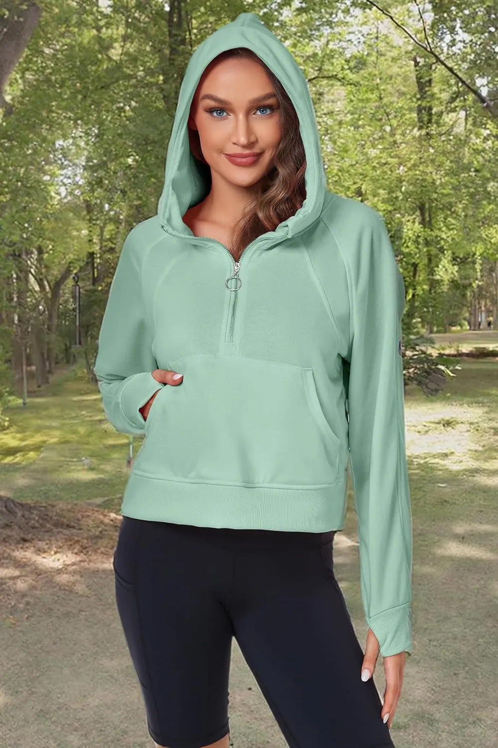 Womens Half Zip Hoodies Quarter Zipper Up Cropped Sweatshirt Long Sleeve Athletic Pullover Tops with Thumb Hole