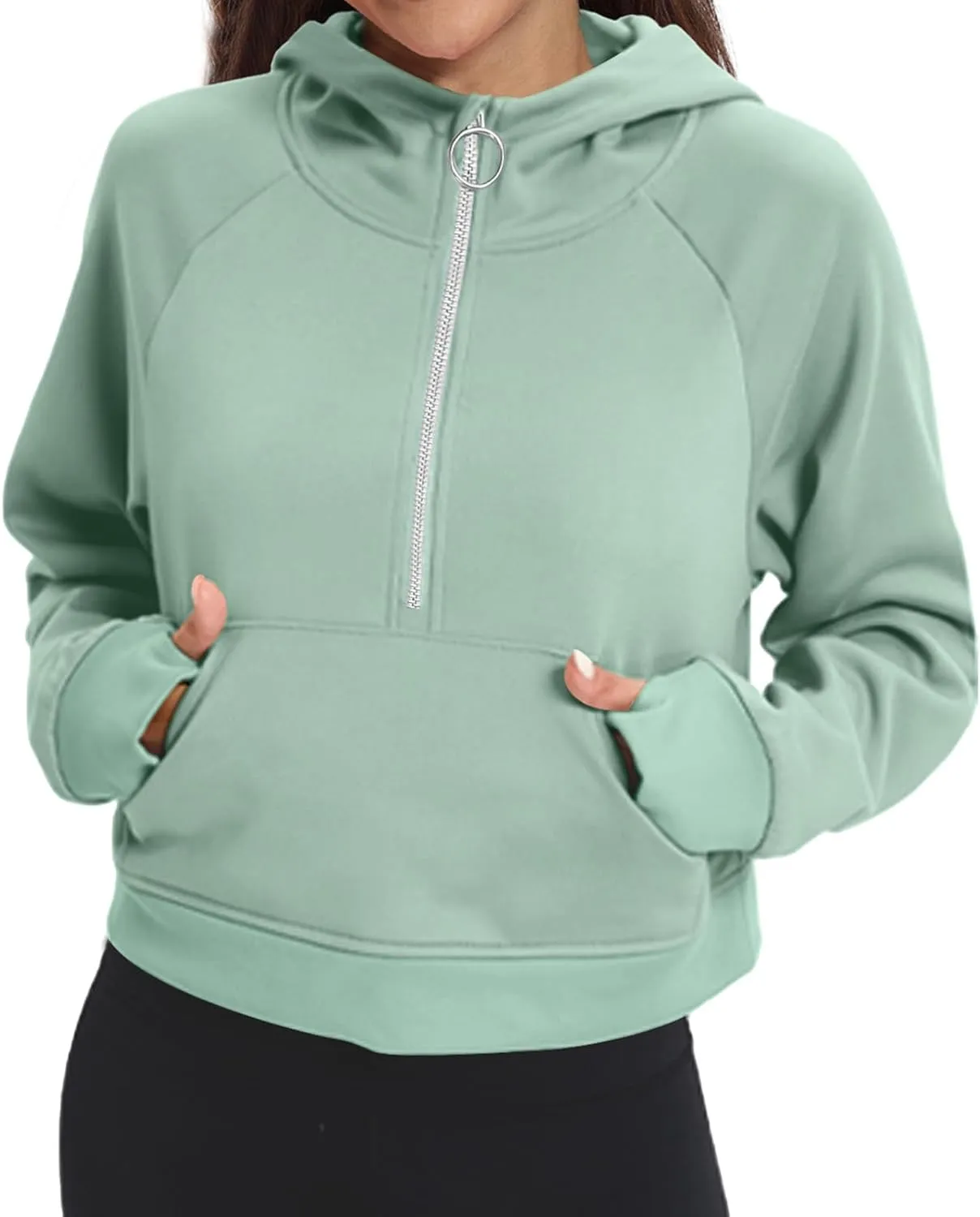 Womens Half Zip Hoodies Quarter Zipper Up Cropped Sweatshirt Long Sleeve Athletic Pullover Tops with Thumb Hole