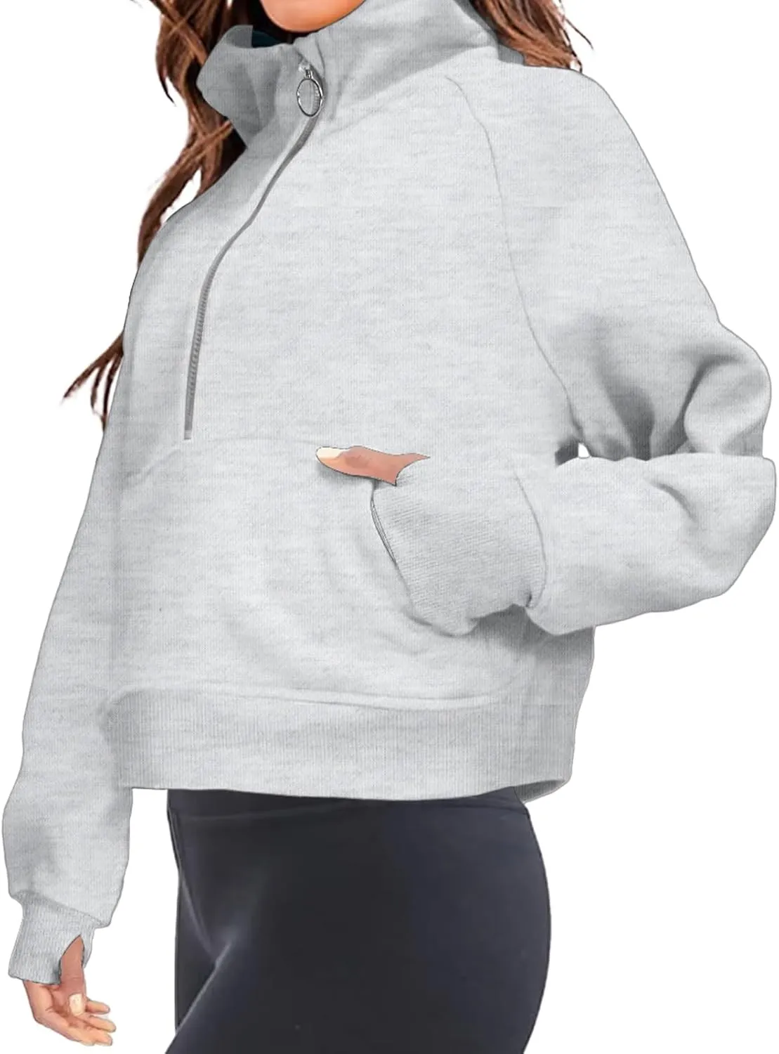 Womens Half Zip Hoodies Quarter Zipper Up Cropped Sweatshirt Long Sleeve Athletic Pullover Tops with Thumb Hole