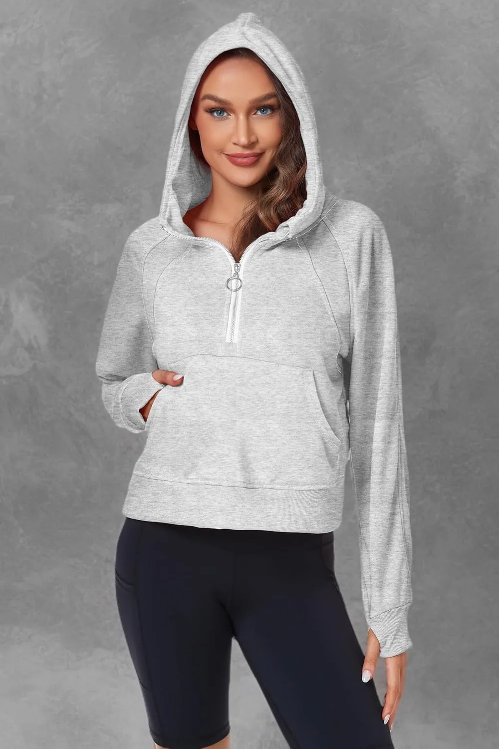 Womens Half Zip Hoodies Quarter Zipper Up Cropped Sweatshirt Long Sleeve Athletic Pullover Tops with Thumb Hole