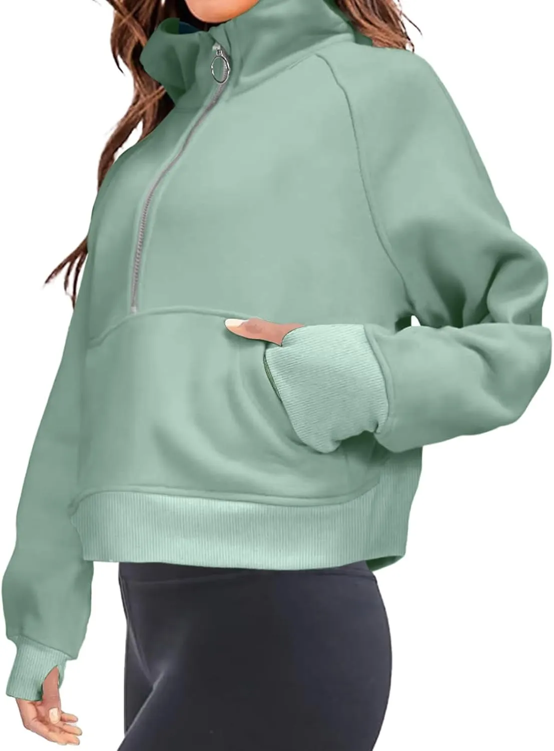 Womens Half Zip Hoodies Quarter Zipper Up Cropped Sweatshirt Long Sleeve Athletic Pullover Tops with Thumb Hole