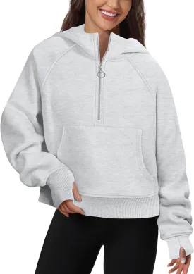 Womens Half Zip Hoodies Quarter Zipper Up Cropped Sweatshirt Long Sleeve Athletic Pullover Tops with Thumb Hole