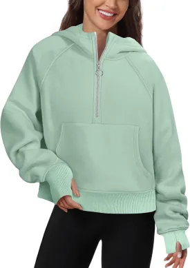 Womens Half Zip Hoodies Quarter Zipper Up Cropped Sweatshirt Long Sleeve Athletic Pullover Tops with Thumb Hole