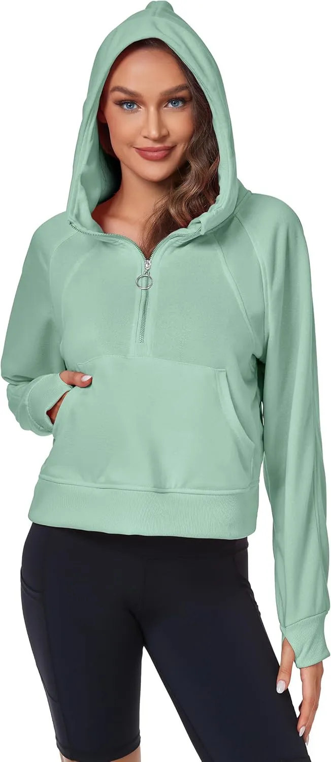 Womens Half Zip Hoodies Quarter Zipper Up Cropped Sweatshirt Long Sleeve Athletic Pullover Tops with Thumb Hole