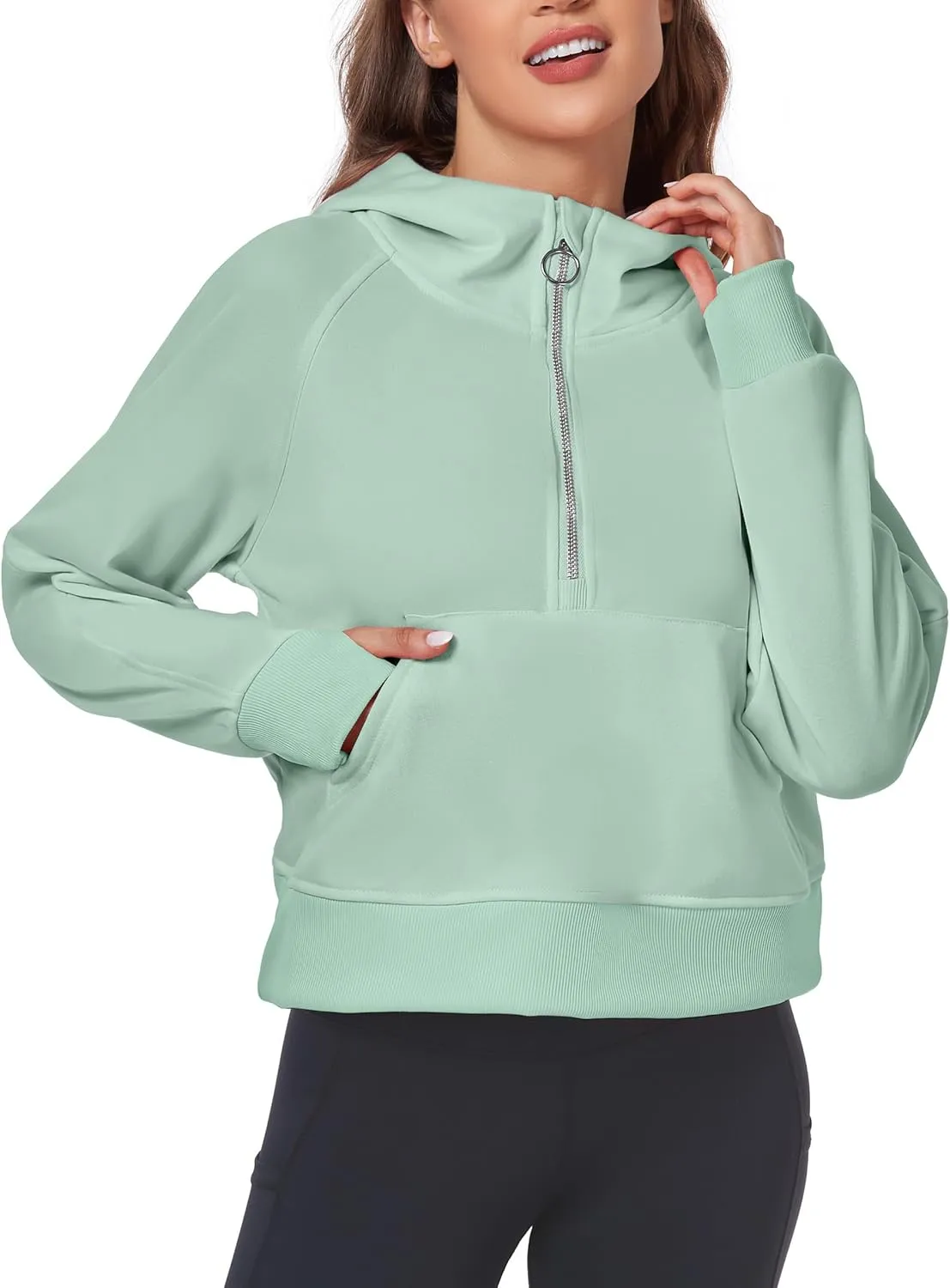 Womens Half Zip Hoodies Quarter Zipper Up Cropped Sweatshirt Long Sleeve Athletic Pullover Tops with Thumb Hole