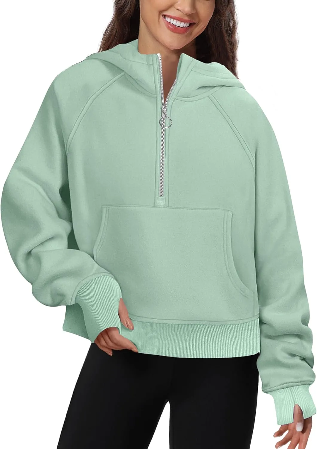 Womens Half Zip Hoodies Quarter Zipper Up Cropped Sweatshirt Long Sleeve Athletic Pullover Tops with Thumb Hole