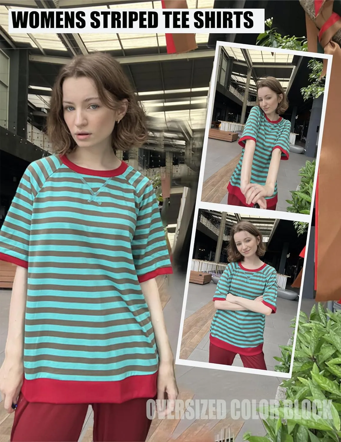 Zeagoo Women Striped T Shirts Oversized Crewneck Short Sleeve Tops Summer Casual Blouse Color Block Basic Tee S-XXL