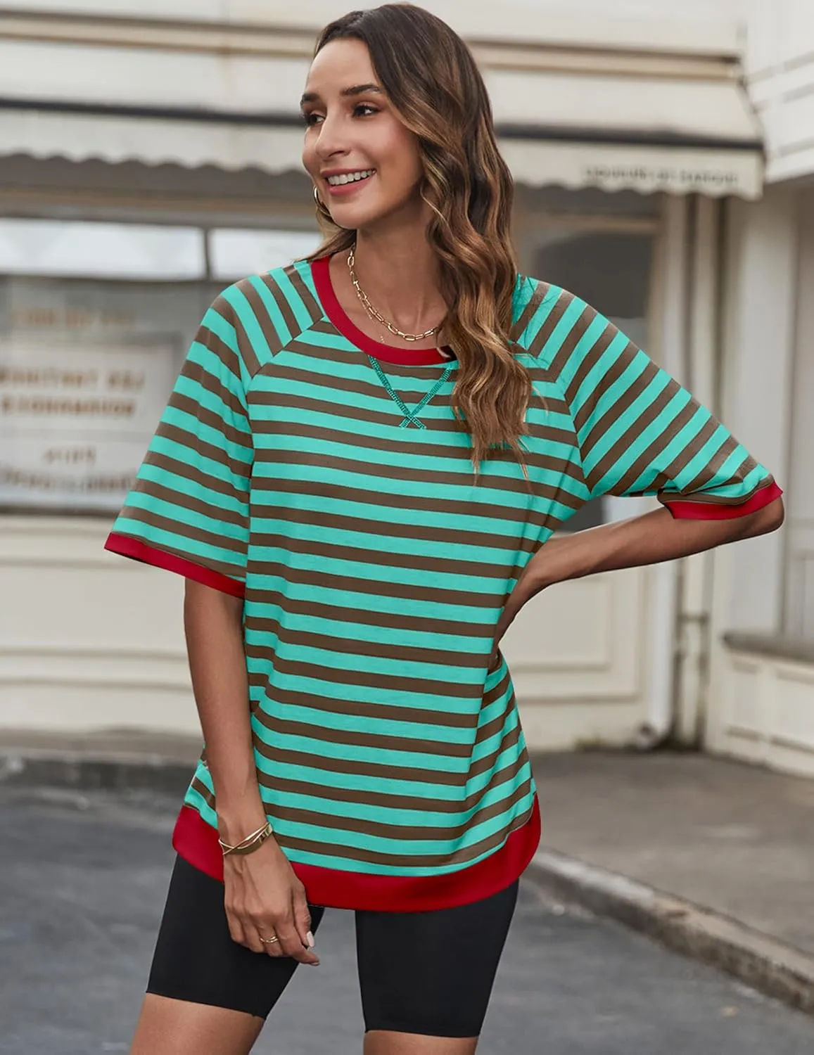 Zeagoo Women Striped T Shirts Oversized Crewneck Short Sleeve Tops Summer Casual Blouse Color Block Basic Tee S-XXL