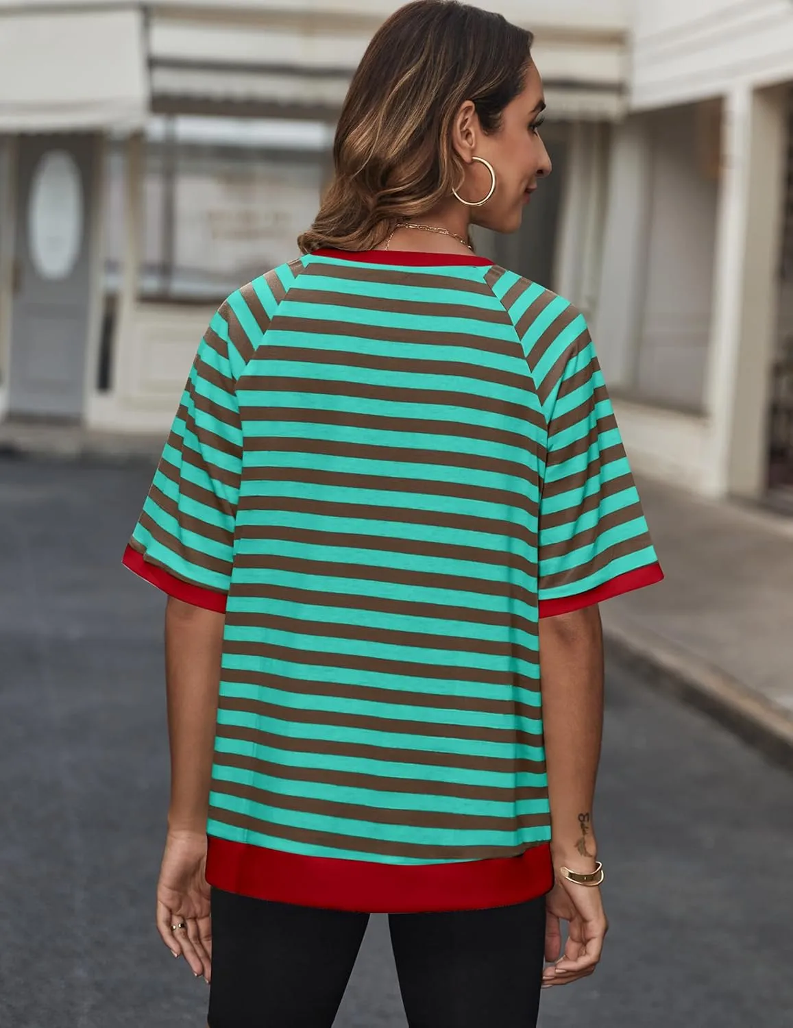 Zeagoo Women Striped T Shirts Oversized Crewneck Short Sleeve Tops Summer Casual Blouse Color Block Basic Tee S-XXL