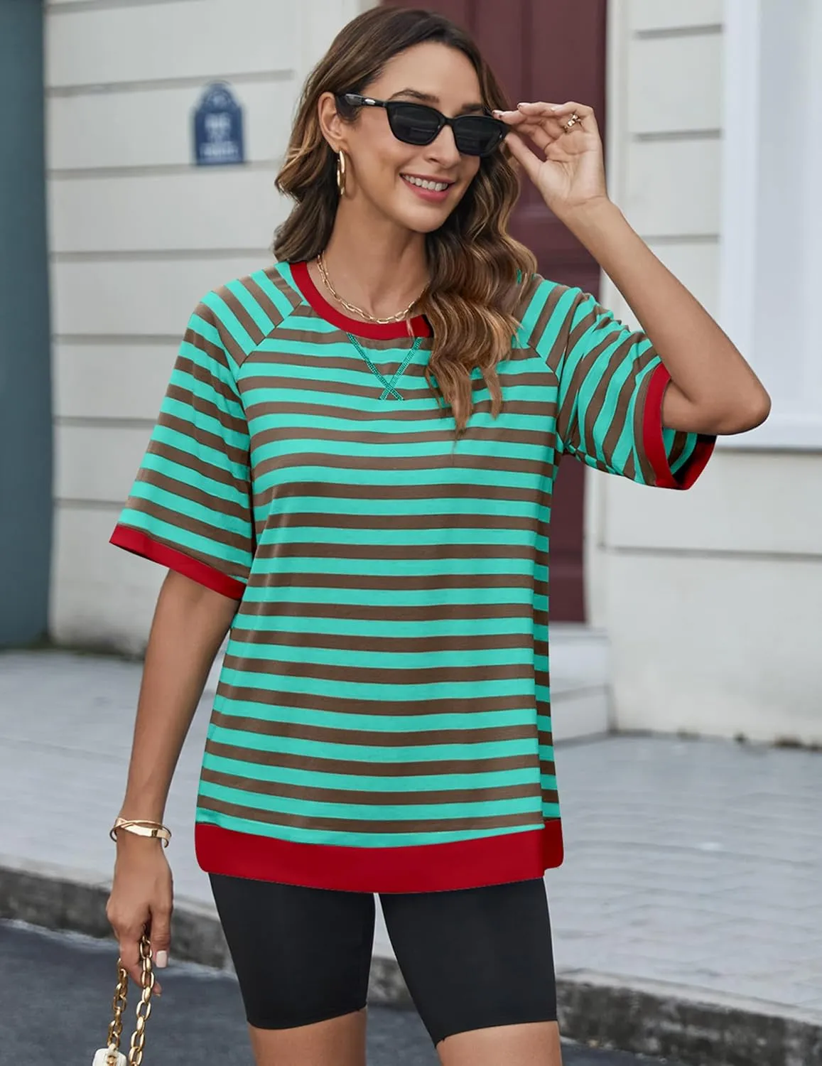 Zeagoo Women Striped T Shirts Oversized Crewneck Short Sleeve Tops Summer Casual Blouse Color Block Basic Tee S-XXL
