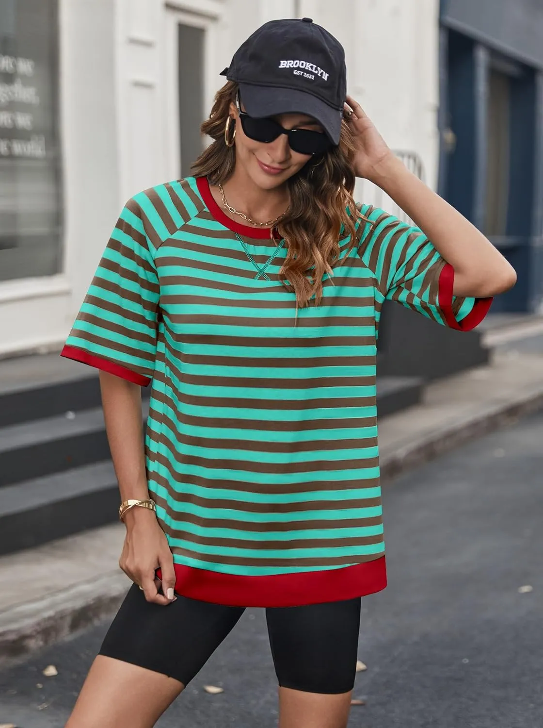 Zeagoo Women Striped T Shirts Oversized Crewneck Short Sleeve Tops Summer Casual Blouse Color Block Basic Tee S-XXL